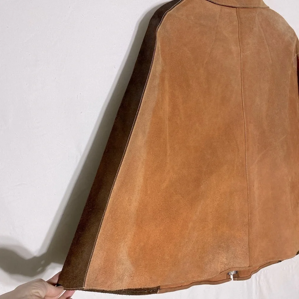 Vintage Two Tone Tan Brown Suede Leather Cape M Boho Western - Picture 13 of 16